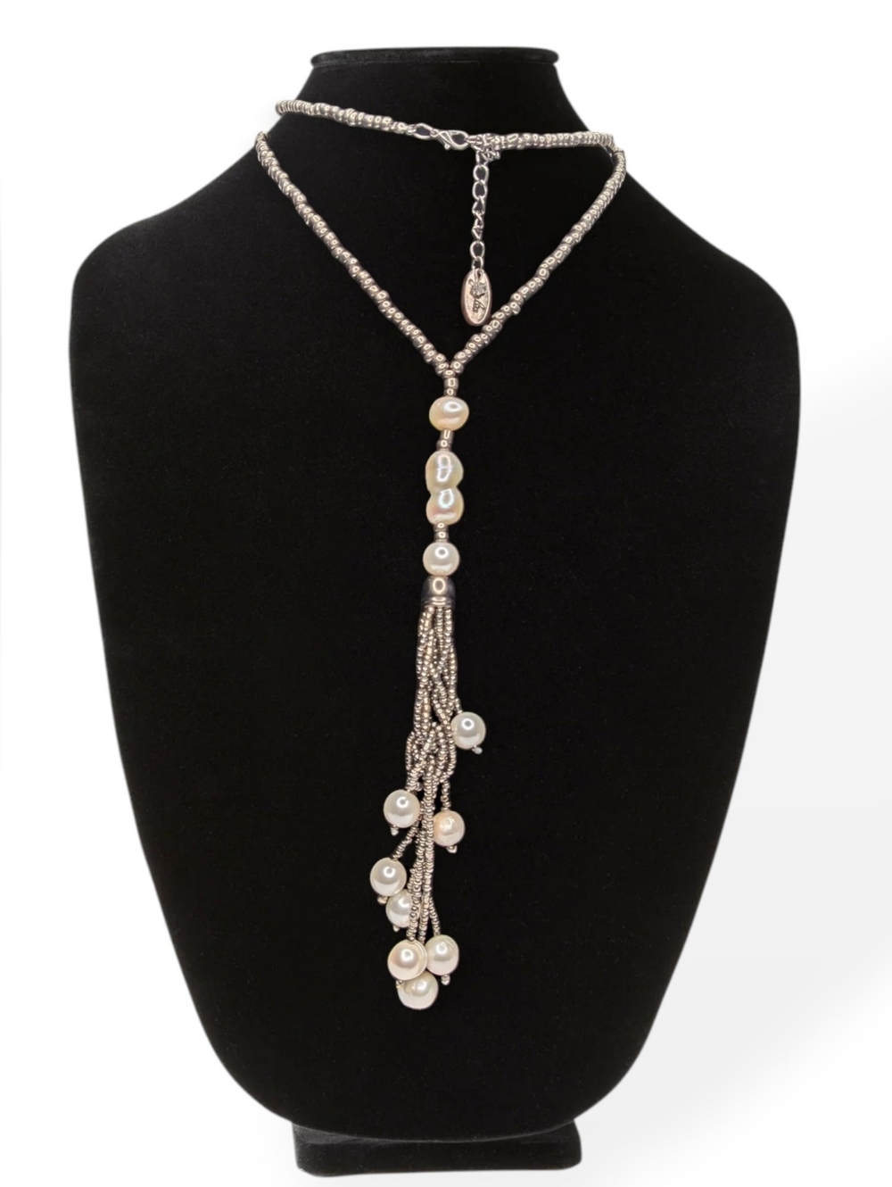Julea Pearl Lariat Necklace Freshwater Tassel Small Silvertone Bead Boho Western